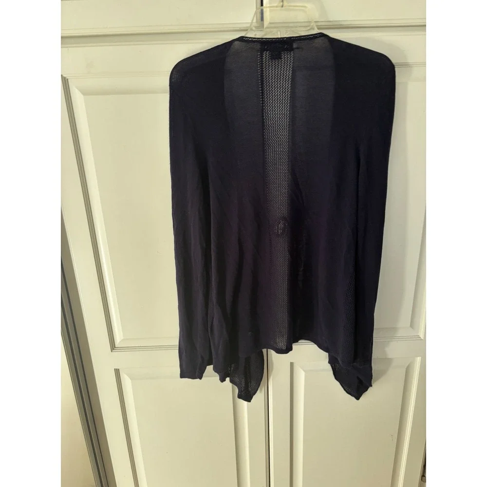 August Silk Navy Blue Open‎ Front Draped Cardigan Mesh Back Knit Sweater Large